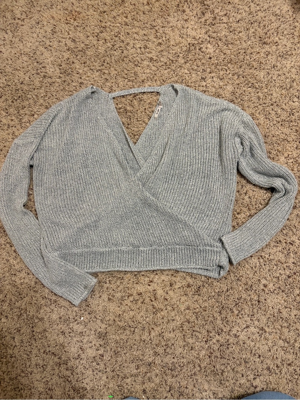 miami Light Gray Cropped V-Neck Wrap Sweater